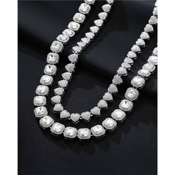 Silver Rhinestone Heart & Diamond Tennis Chain Set | Iced Out Layered Necklace - Picture 4 of 5